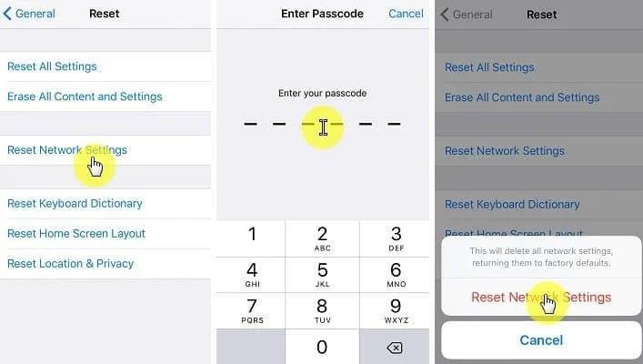 Reset iPhone Network Settings to fix Verification Failed on iPhone