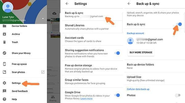 Enable Back up & Sync on Google Photos Setting to fix Google Photos Not Backing Up