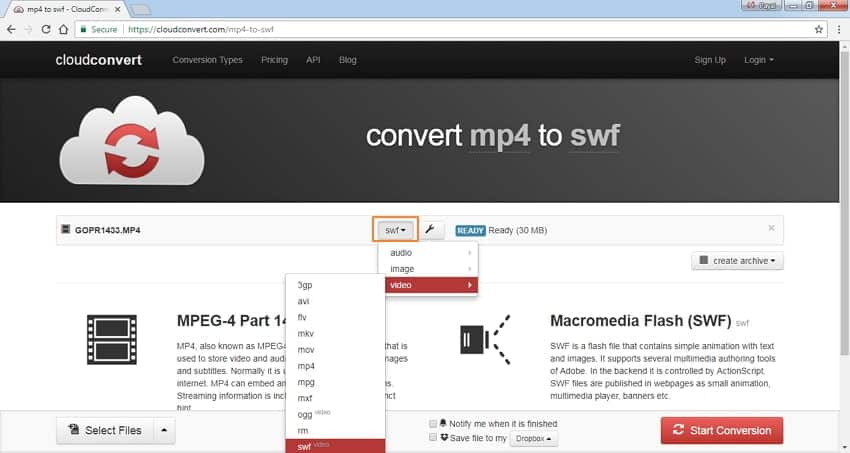 change the output format to SWF