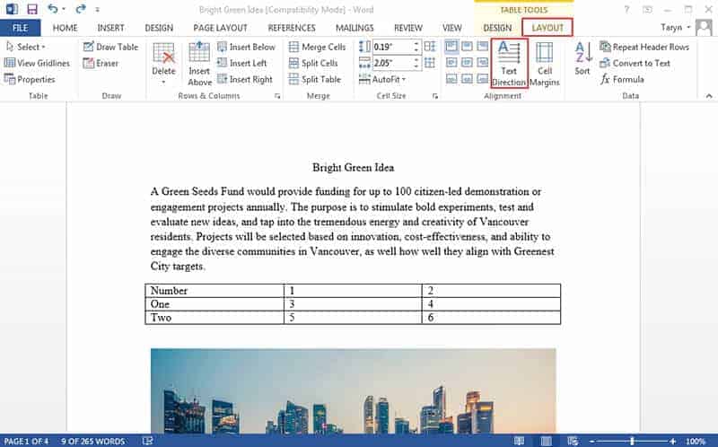 rotate table in Word