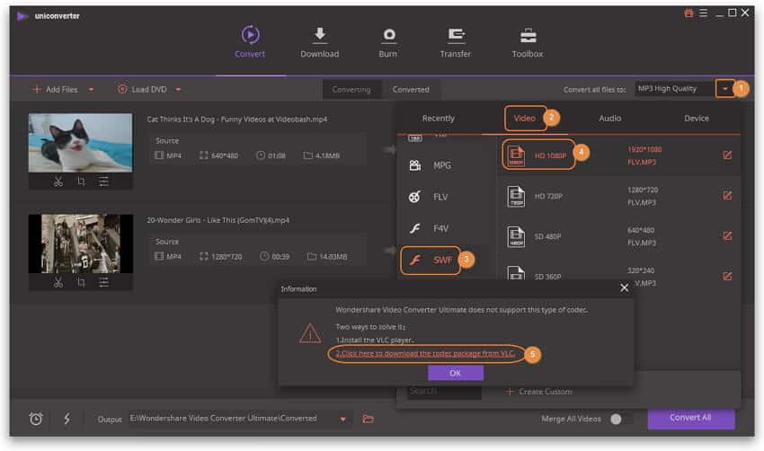 select output format swf