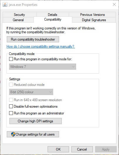 java.exe Properties -> Compatibility