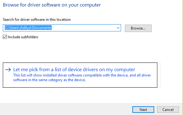 Let me pick from a list of device drivers on my computer