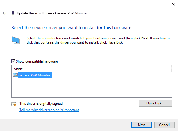 Choose the Generic PnP Monitor option