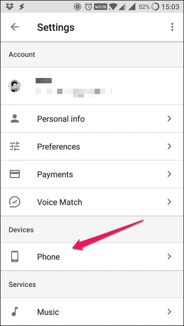 Phone settings under settings