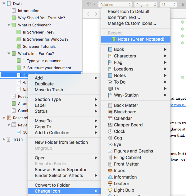 scrivener wide range of icons