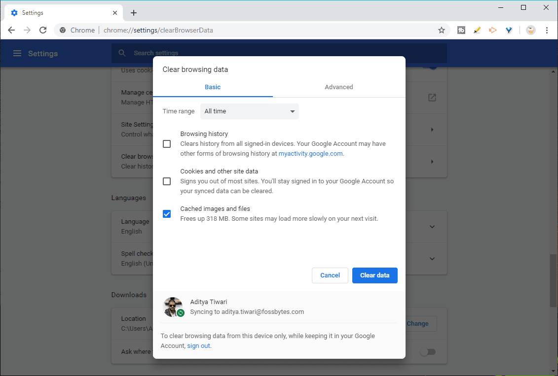 Clear browsing data on Chrome