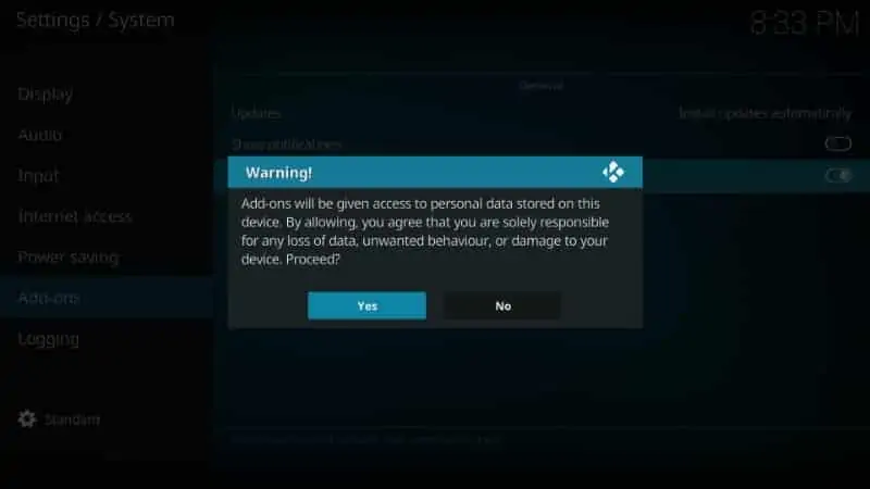 Confirm warning message on Kodi