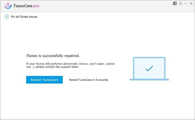 iTunes is successfully repaired