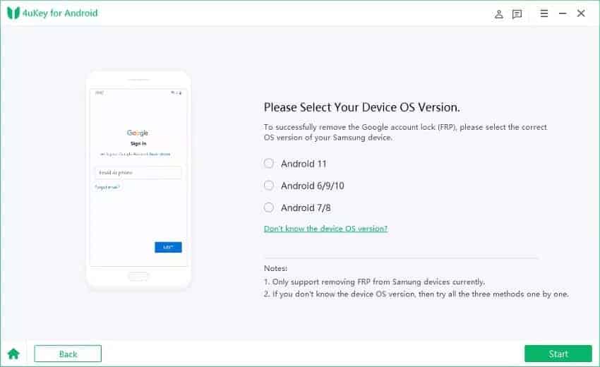 Tenorshare 4uKey for Android - Select Android OS Version