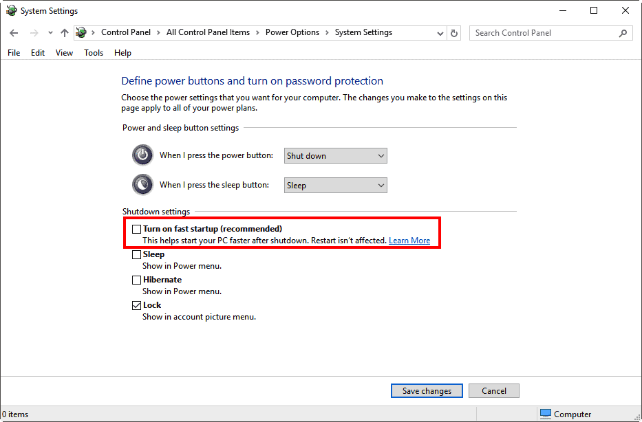 Disable the Fast Startup function in Windows PC to Fix ASUS AURA Gradient Not Working Issue