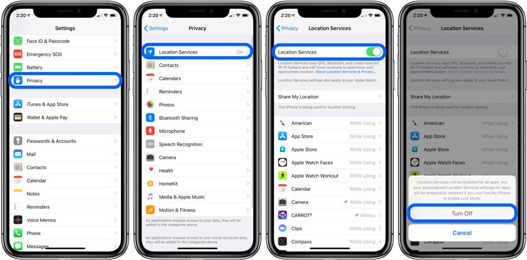 Turning the location services on/off on the iPhone