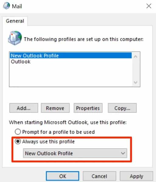 New Profile to resolve Outlook Loading Profile Stuck error