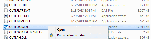 Run the Outlook program as administrator