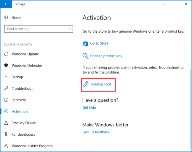 Run Troubleshot for activation to fix Error 0xc004f050 on Windows 10