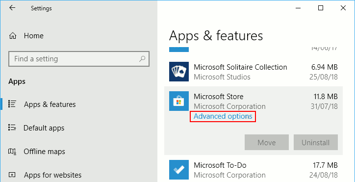 Advanced Options on Apps & features
