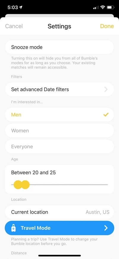 Enable Bumble Travel Mode